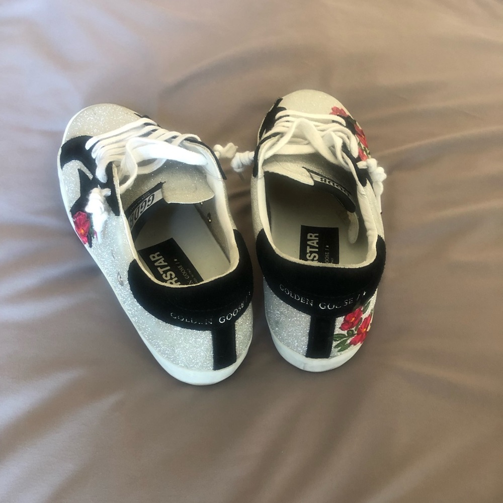 Golden Goose White Silver Sneakers with Black Star and Red Floral Embroidery - Picture 6 of 15